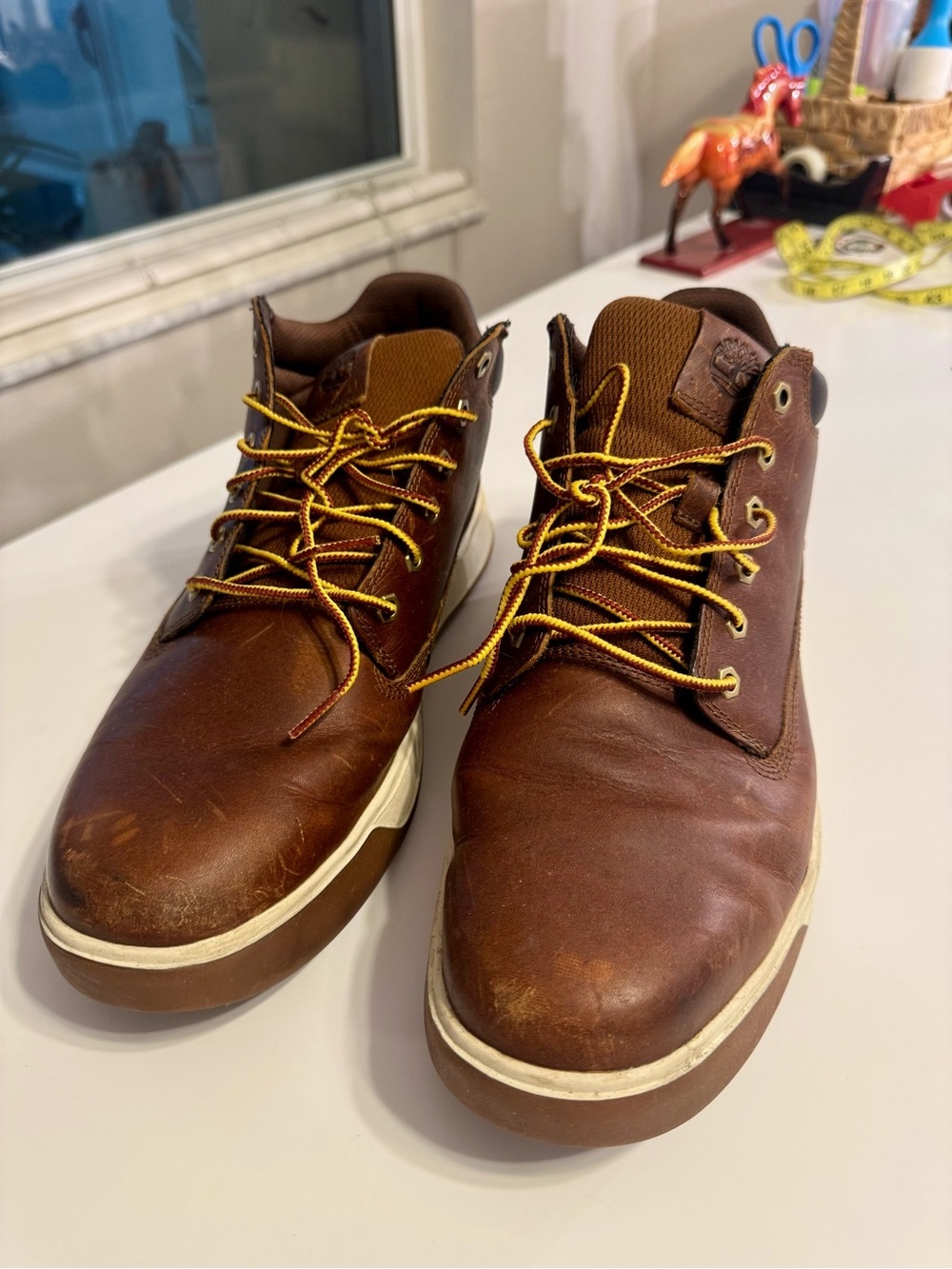 Timberland Brown Leather Chukka Boots with Yellow Contrast Laces- Size 12